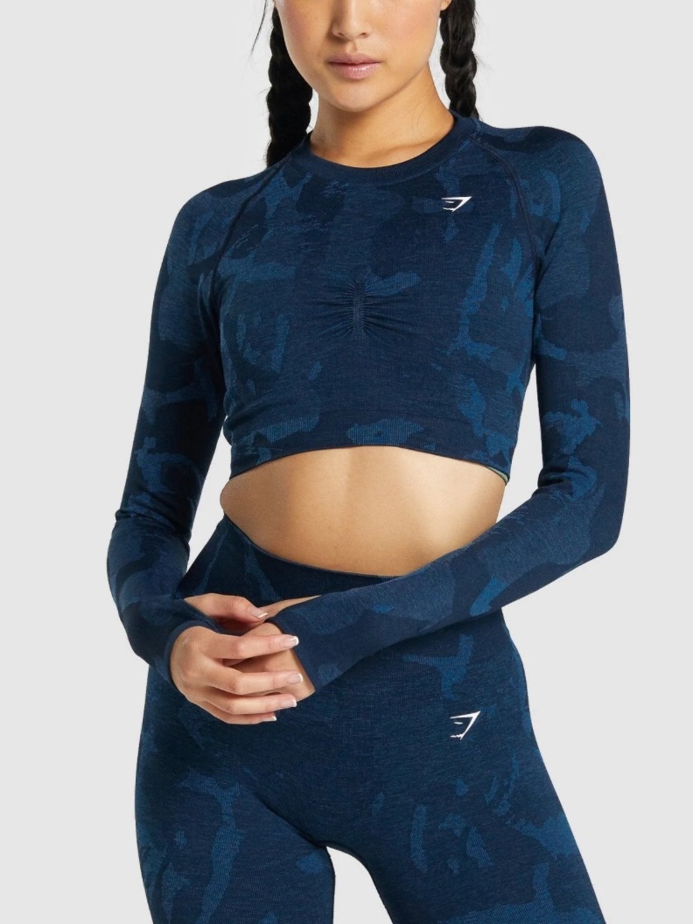 Gymshark Adapt Camo Seamless Long Sleeve Crop Top Savanna/Navy